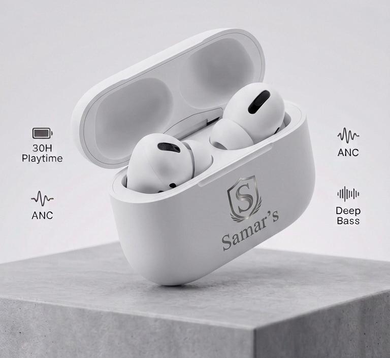 Samar's TWS Earbuds Pro with ANC and Deep Bass in charging case