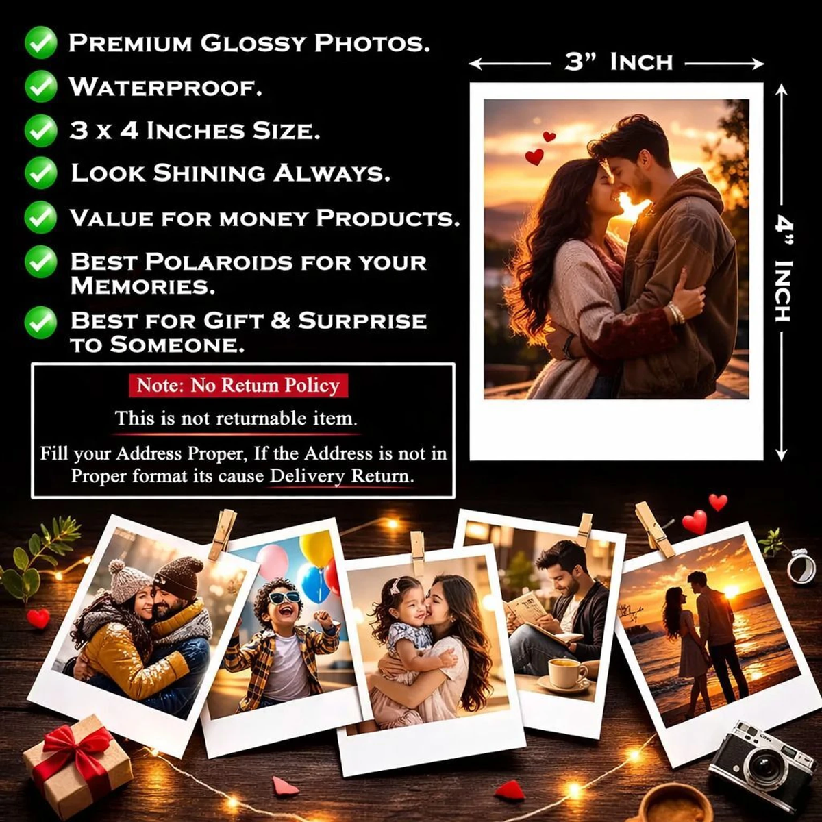 Polaroid photo features - 3x4 inch premium glossy waterproof