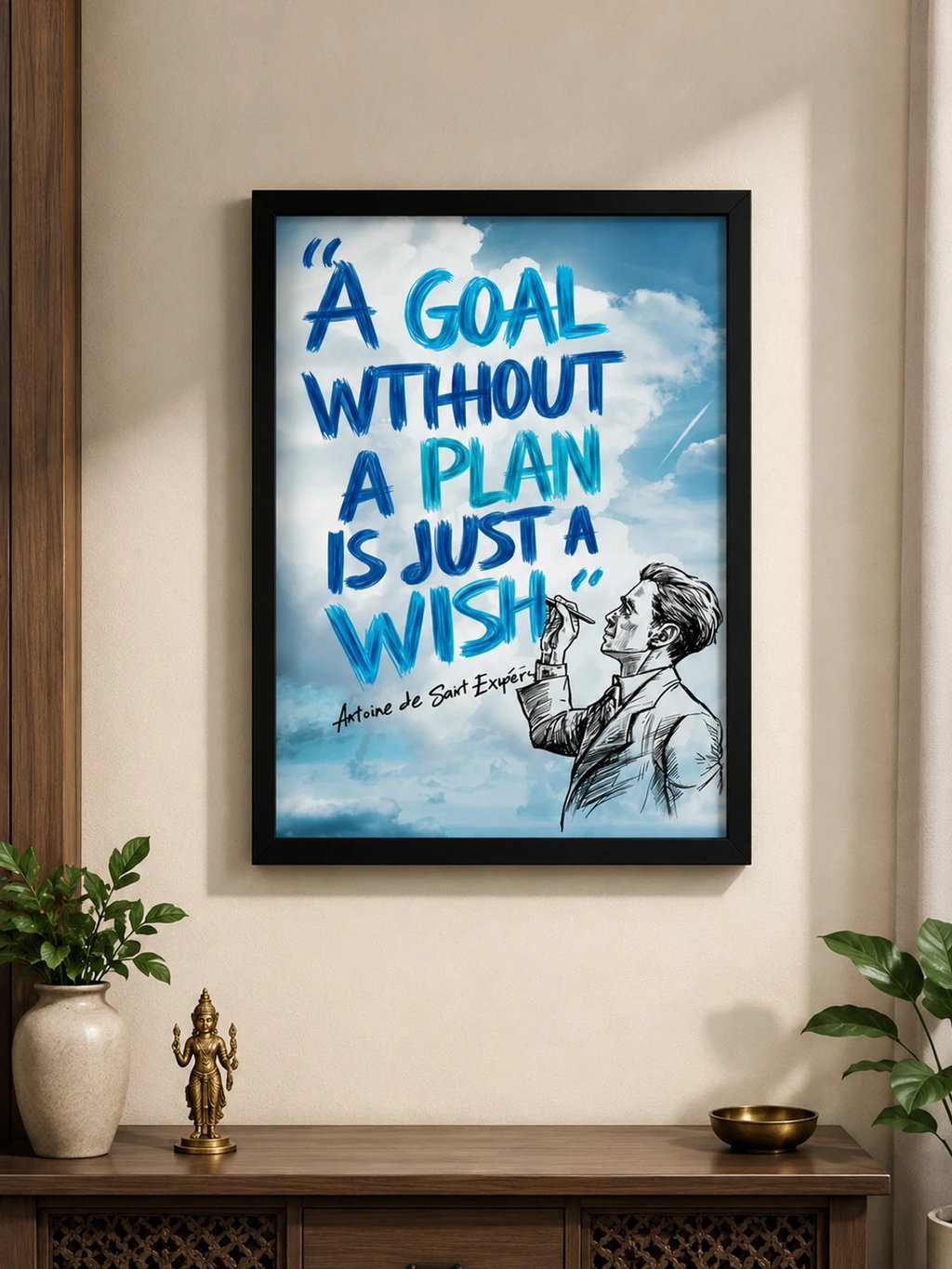 Motivational framed poster displayed on wall in home decor setting