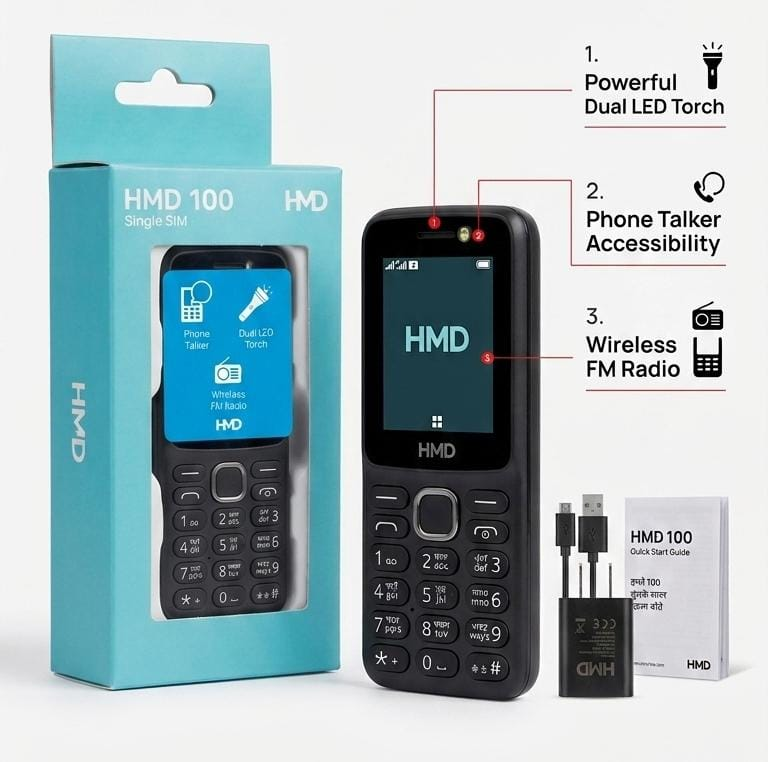 HMD 100 Single SIM keypad phone with box, charger and cable