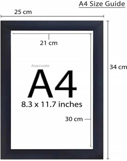 A4 size frame dimensions - 25x34 cm outer, 21x30 cm print area, 8.3x11.7 inches