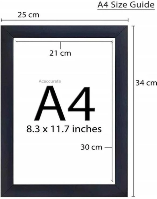 A4 size frame dimensions - 25x34 cm outer, 21x30 cm print area, 8.3x11.7 inches