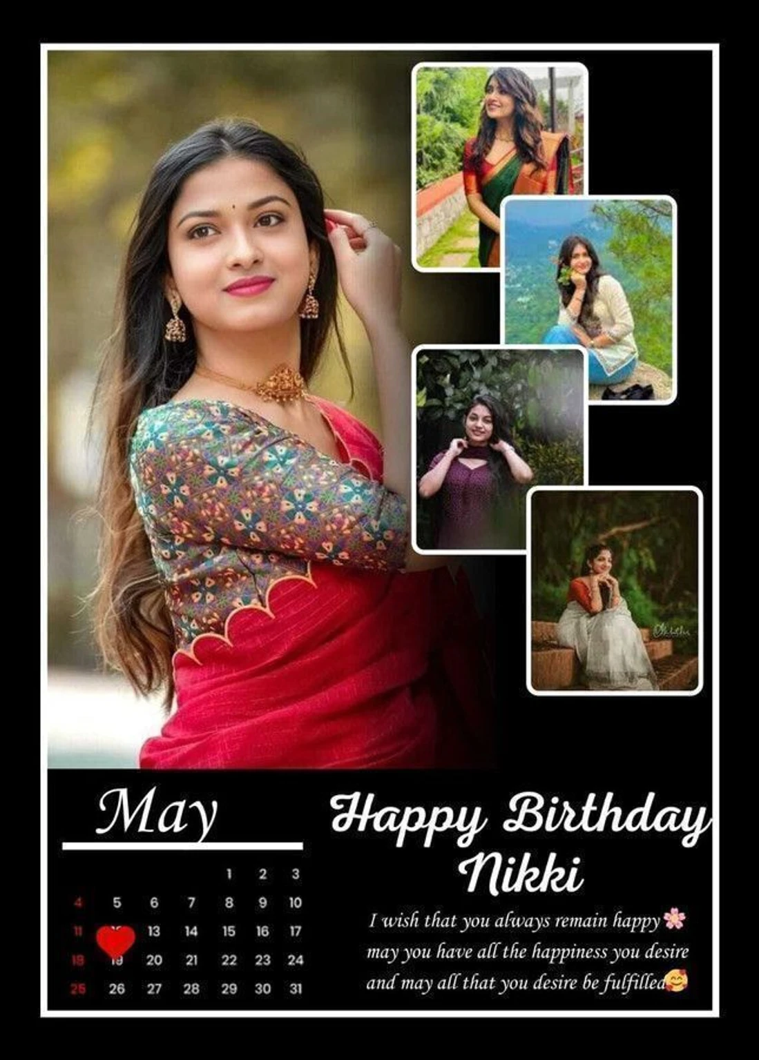 Personalized birthday calendar poster frame - multi photo with name and wish - black background