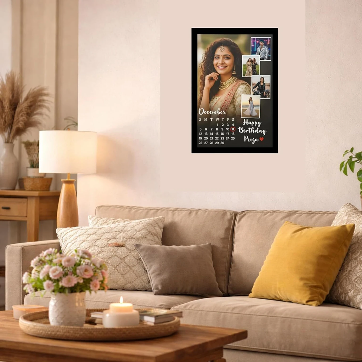 Birthday calendar frame displayed on living room wall