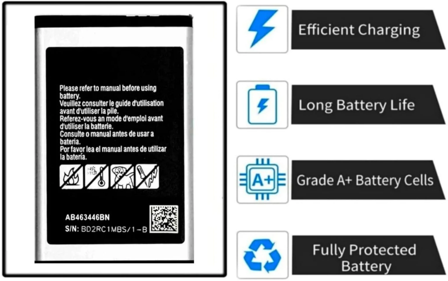 Samsung Battery features - Efficient Charging, Long Life, Grade A+